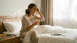 Femme fatiguée assise au bord de son lit au réveil, dans une chambre éclairée par une douce lumière matinale, avec un verre d’eau et un stéthoscope à proximité.