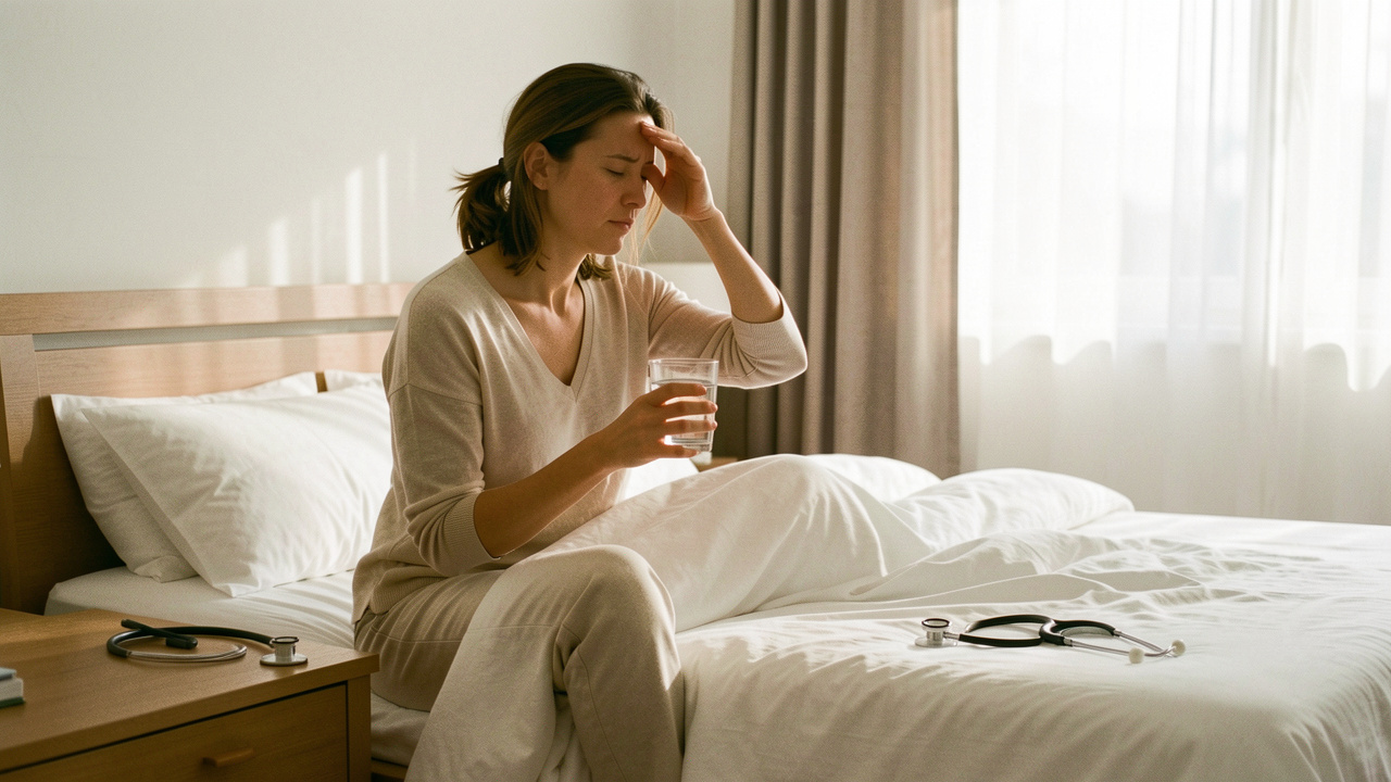 Femme fatiguée assise au bord de son lit au réveil, dans une chambre éclairée par une douce lumière matinale, avec un verre d’eau et un stéthoscope à proximité.