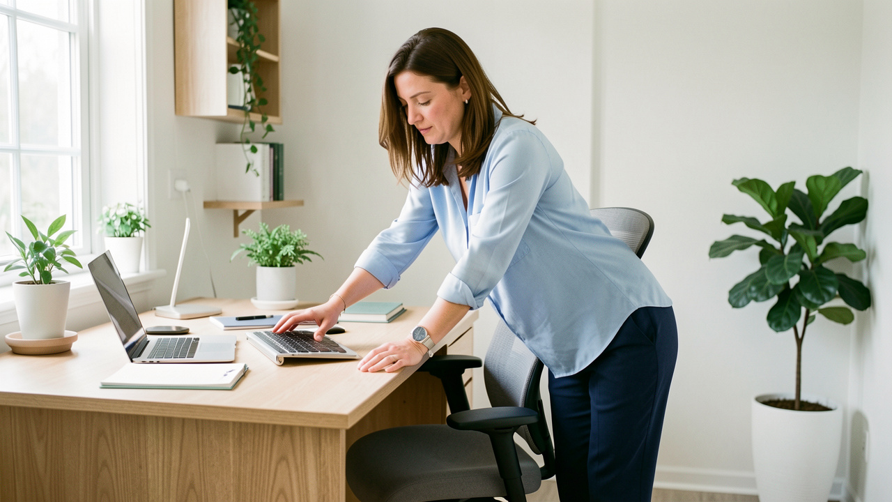 Une femme ajuste sa chaise ergonomique et s’étire doucement à côté de son bureau dans un espace de travail lumineux.