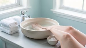 Bassin d’eau tiède contenant les pieds d’une femme, avec du bicarbonate de soude et des serviettes propres dans une salle de bain lumineuse.