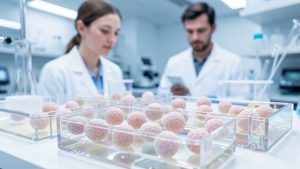 Illustration scientifique réaliste d’organoïdes humains cultivés en trois dimensions dans des plaques de laboratoire, avec une femme et un homme chercheurs flous en arrière-plan.