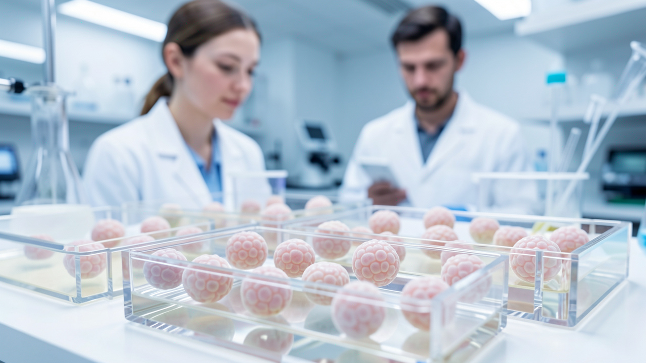 Illustration scientifique réaliste d’organoïdes humains cultivés en trois dimensions dans des plaques de laboratoire, avec une femme et un homme chercheurs flous en arrière-plan.