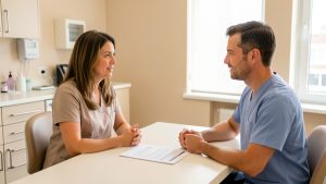 Une patiente adulte échange avec un chirurgien-dentiste dans un cabinet lumineux et rassurant, avec un document vierge d’estimation de soins posé sur le bureau.