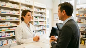 Une pharmacienne échange avec un patient au comptoir d’une pharmacie lumineuse, avec des boîtes de médicaments sans marque rangées derrière elle.