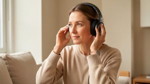 Femme adulte réglant doucement le volume de son casque audio dans une pièce calme et lumineuse, avec une ambiance douce de prévention de la santé auditive.