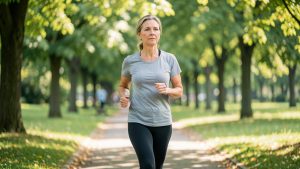 Une femme d’âge mûr reprend progressivement le sport en alternant marche et jogging sur un chemin verdoyant, avec une expression concentrée et une respiration maîtrisée.