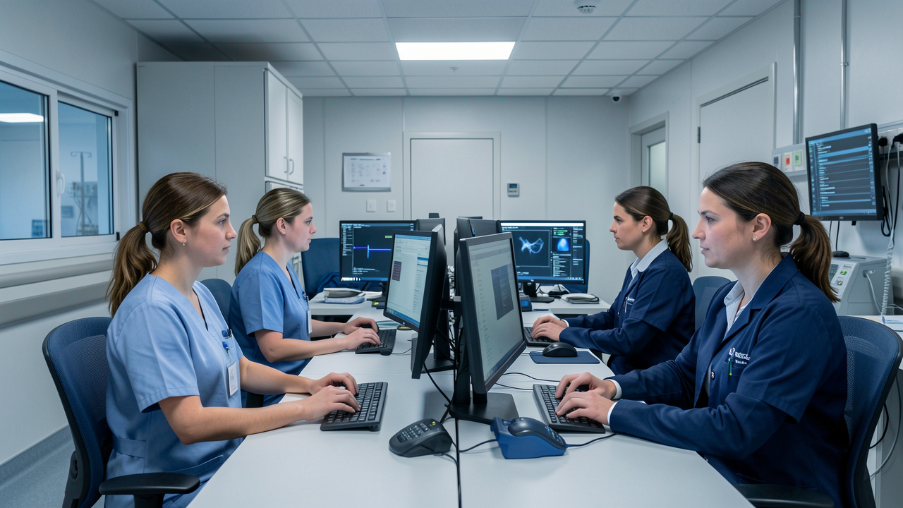 Salle de contrôle informatique sobre d’un hôpital français, où deux soignantes et deux membres de l’équipe cybersécurité surveillent des écrans anonymisés.