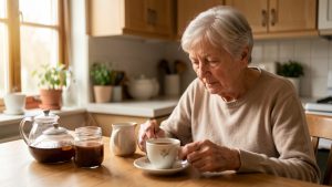 Femme âgée observant avec réflexion des objets familiers posés sur une table de cuisine, illustrant les oublis du quotidien.