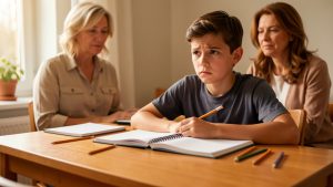 Un adolescent préoccupé est assis à son bureau devant des cahiers ouverts, tandis qu’une femme de sa famille se tient à distance dans une atmosphère chaleureuse et rassurante.