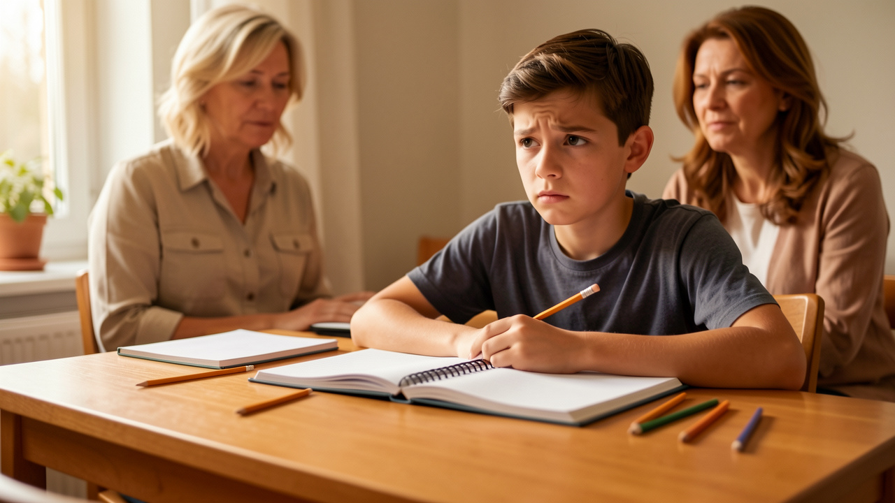 Un adolescent préoccupé est assis à son bureau devant des cahiers ouverts, tandis qu’une femme de sa famille se tient à distance dans une atmosphère chaleureuse et rassurante.