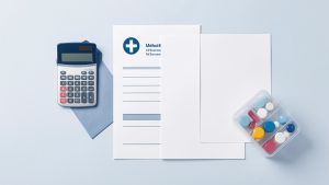 Illustration éditoriale montrant un budget familial avec une calculatrice, une enveloppe et des documents vierges liés au remboursement de soins, dans des tons sobres bleu et blanc.
