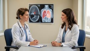 Illustration médicale réaliste d’une jeune femme en consultation avec une oncologue, avec des images mammaires abstraites en arrière-plan dans une ambiance sobre et rassurante.