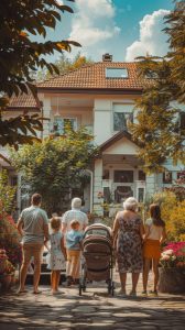 Une famille visite un EHPAD avec un professionnel pour comparer les établissements.