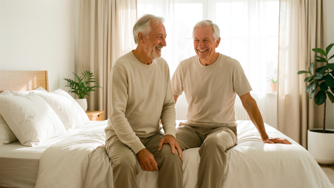 Un homme âgé souriant se réveille dans une chambre lumineuse et apaisante, dans une ambiance réaliste de santé et de bien-être.